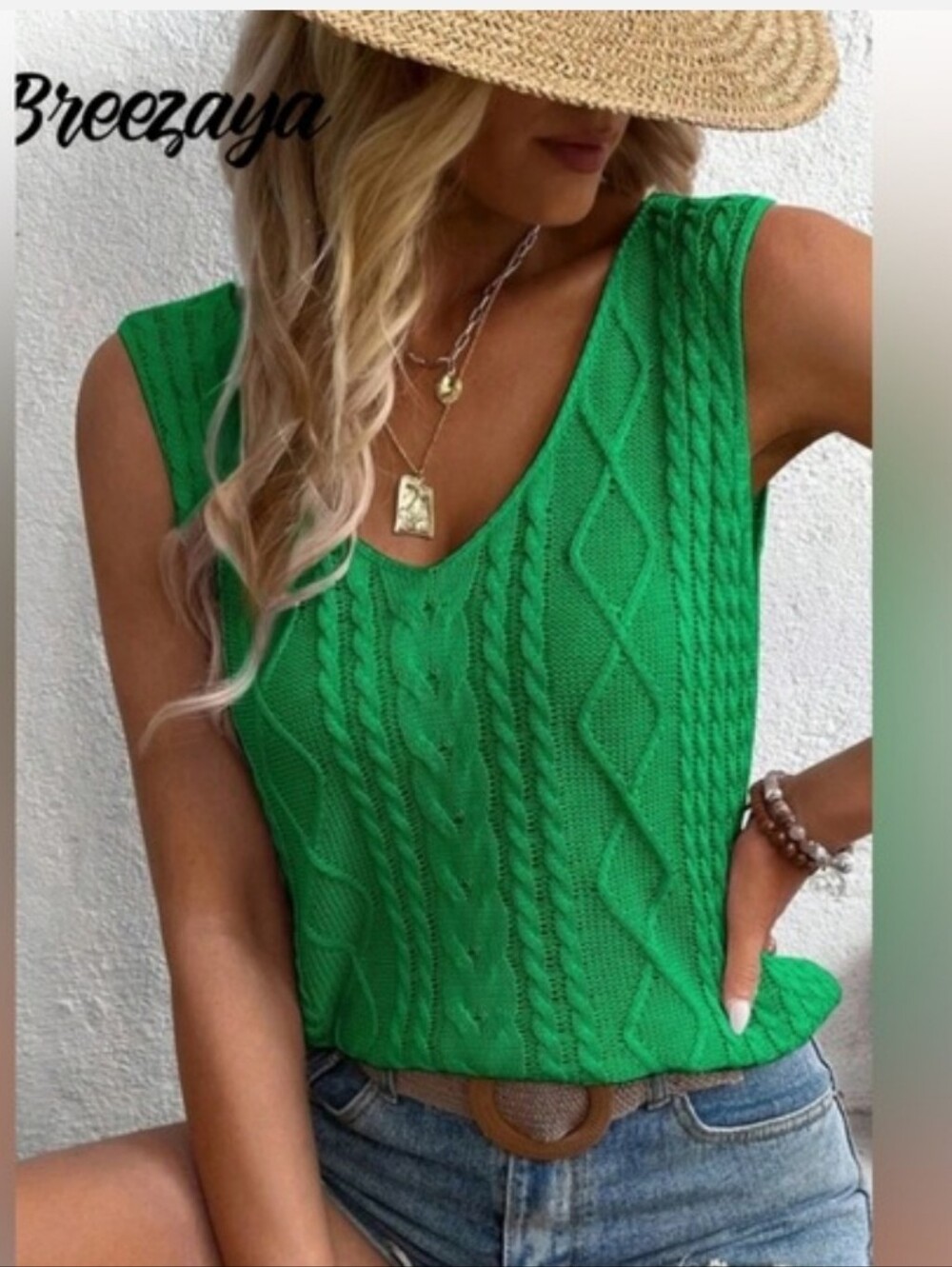 Green Cable Knit V-Neck Tank Top